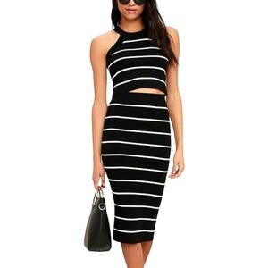 Lulus Black White Striped Ribbed Knit Midi Skirt Women’s Sz M NWOT Stretch City